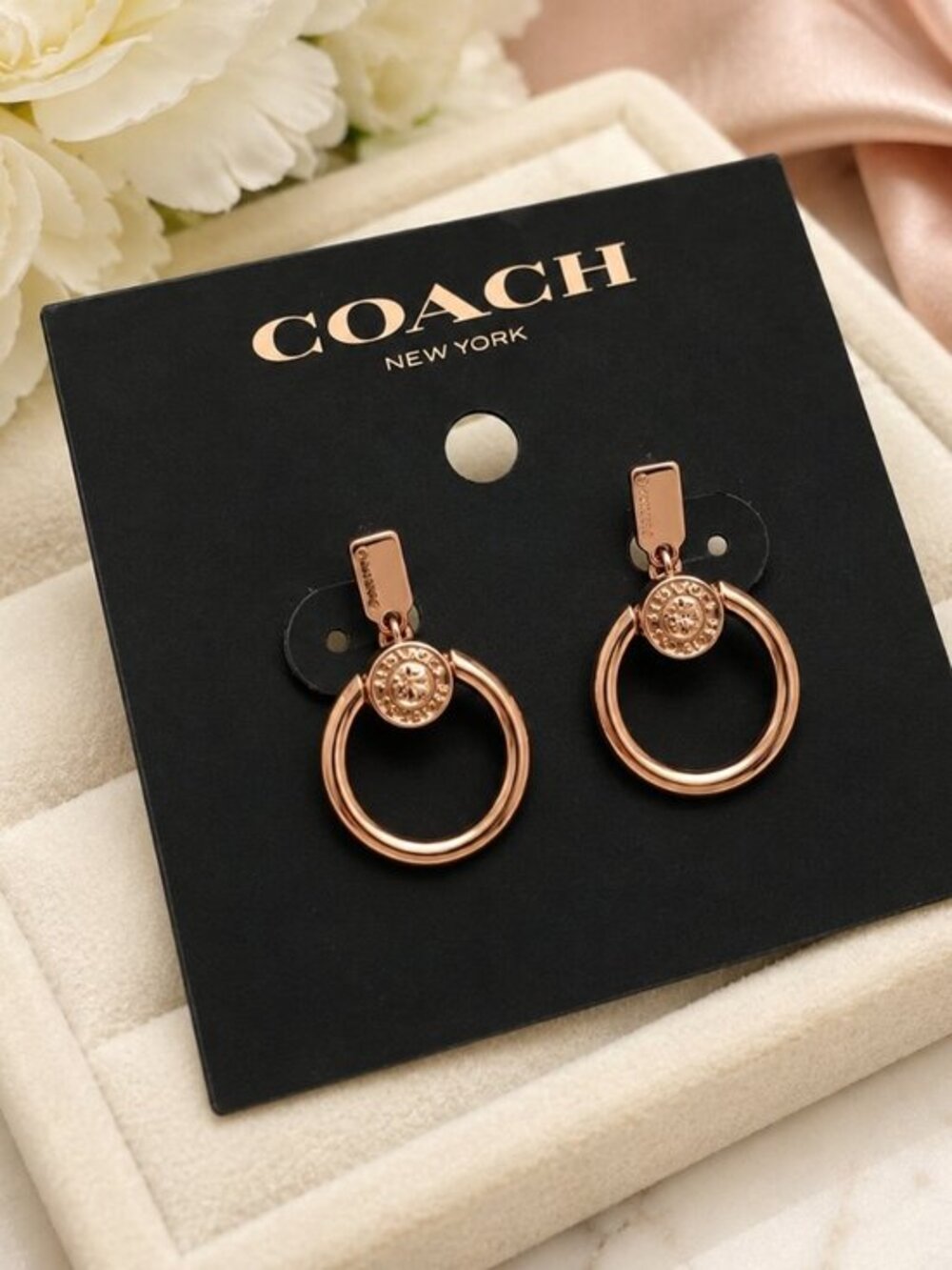 Coach Rose Gold Crystal Signature Logo Circle Hoop Earrings NWT